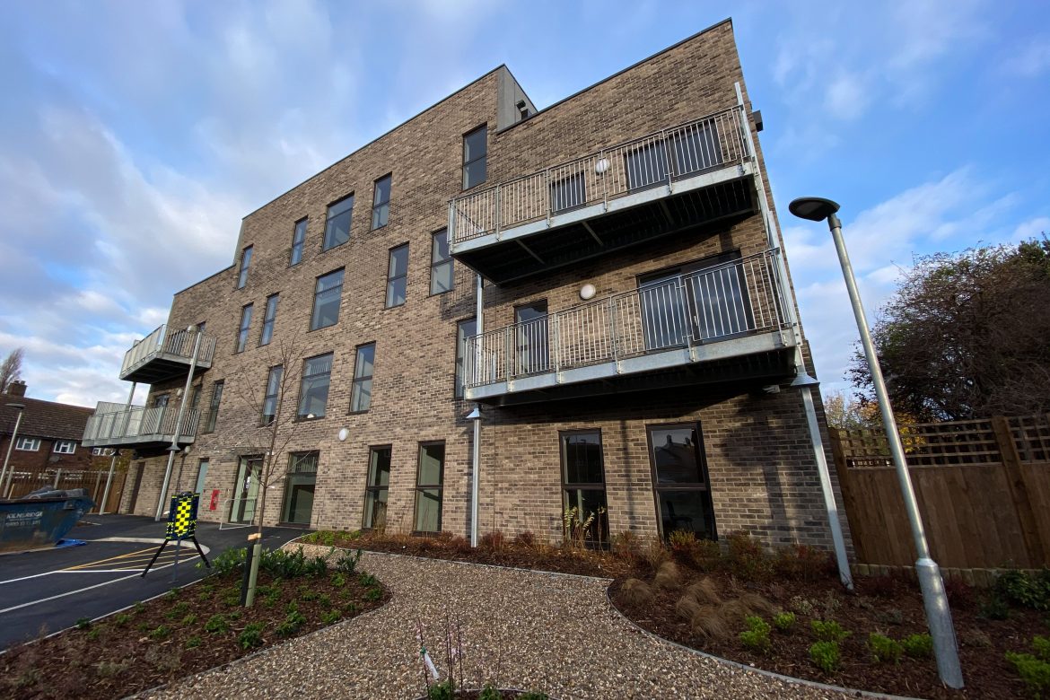 Exterior view of 13 modular homes delivered by Rollalong in Barking, East London