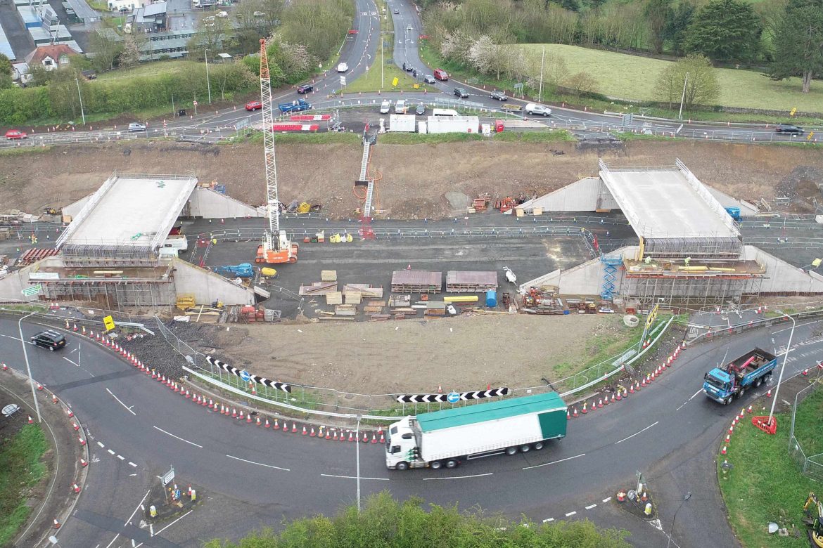 Drone shot of construction work being conducted on Hexham junction in Northumberland