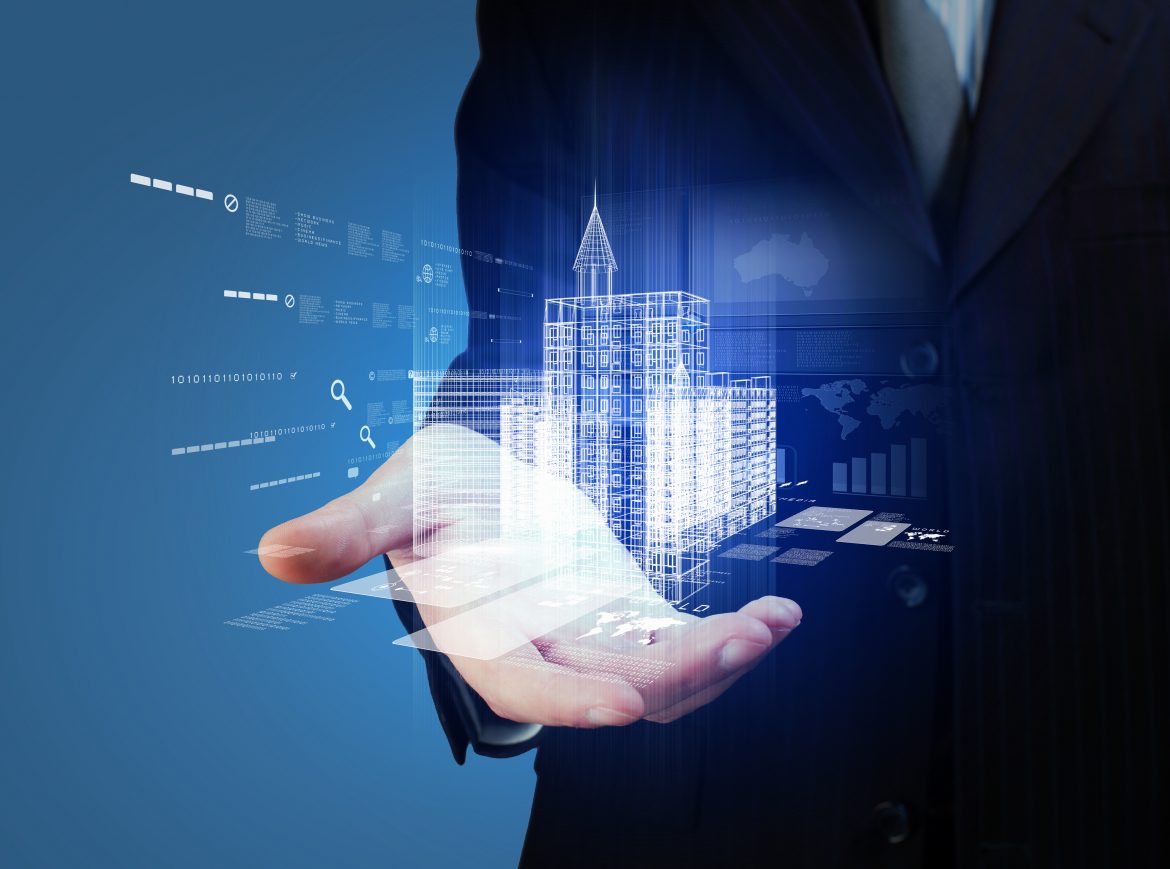 Man in suit holding a virtual construction project in his hand
