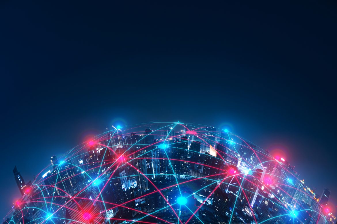 Graphic showing a globe connected by digital technology