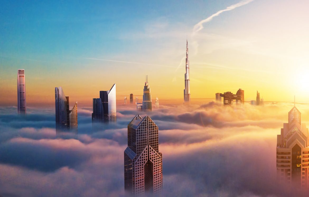 panorama of Dubai skyline above the clouds