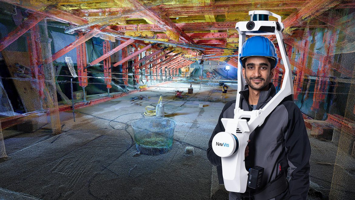 A person wearing the second generation NavVis mobile mapping device