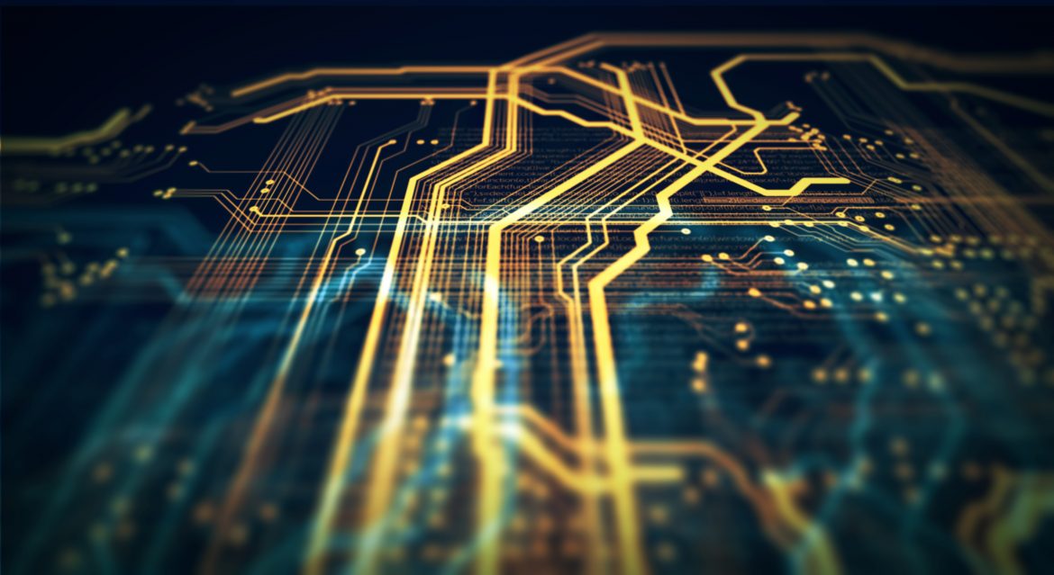 A gold and blue circuit board
