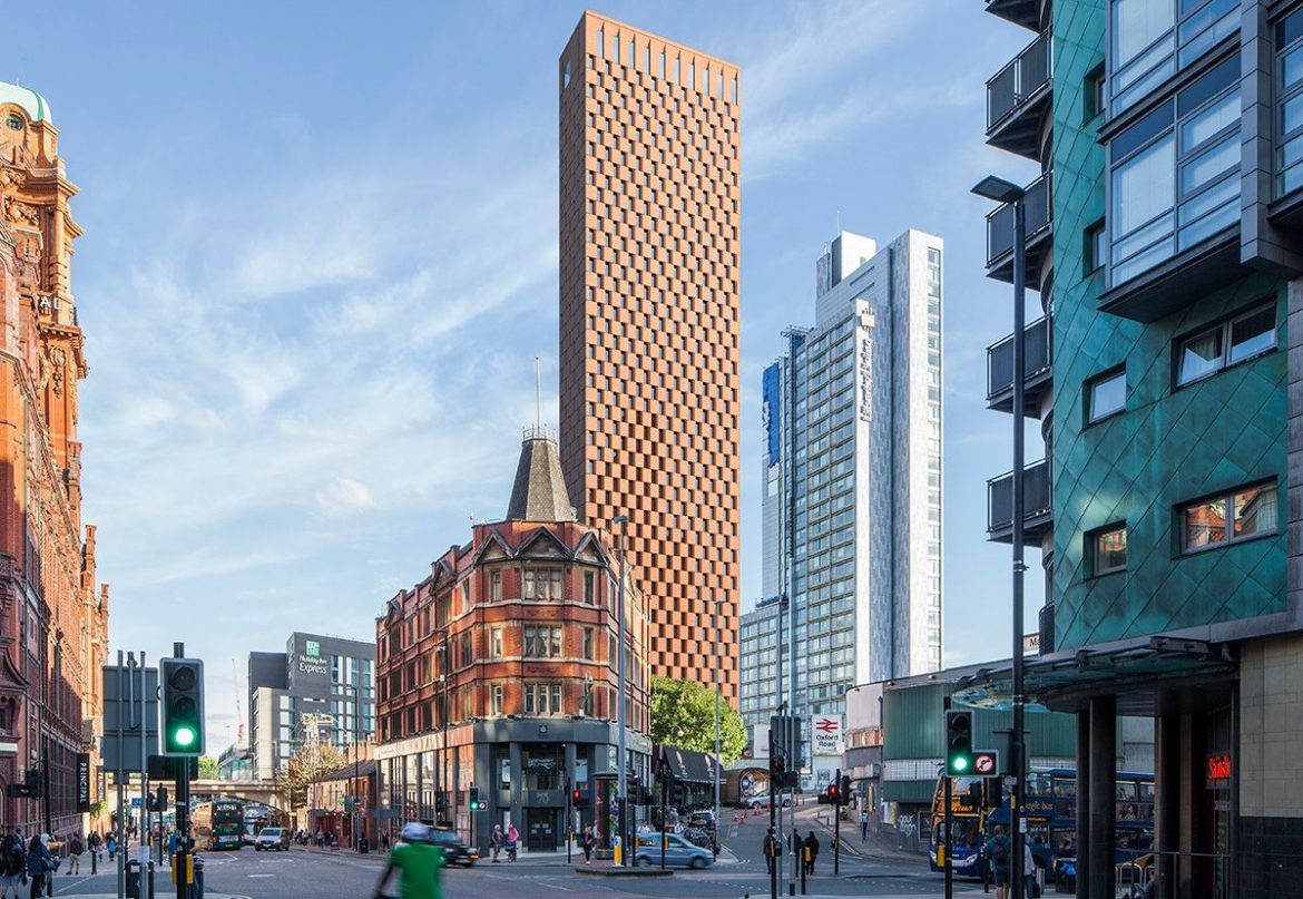 A CGI rendering of the 'tombstone' tower block in Manchester