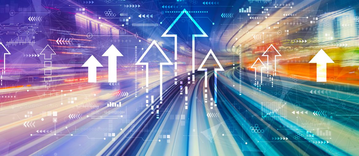 rising digital arrows on a train track