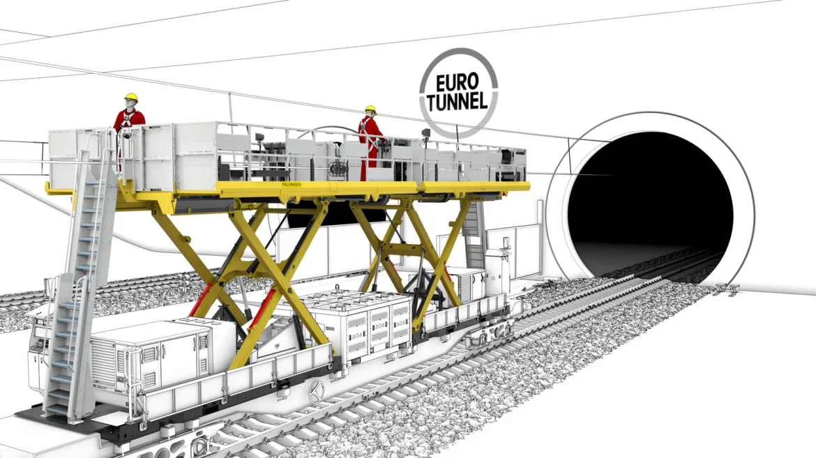 computerised representation of Palfinger's scissor lift being put to use in the channel tunnel