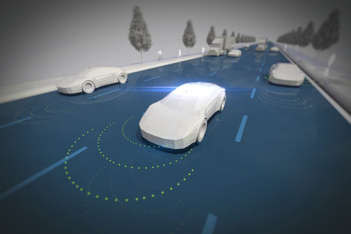 CGI rendering of autonomous vehicles on a road