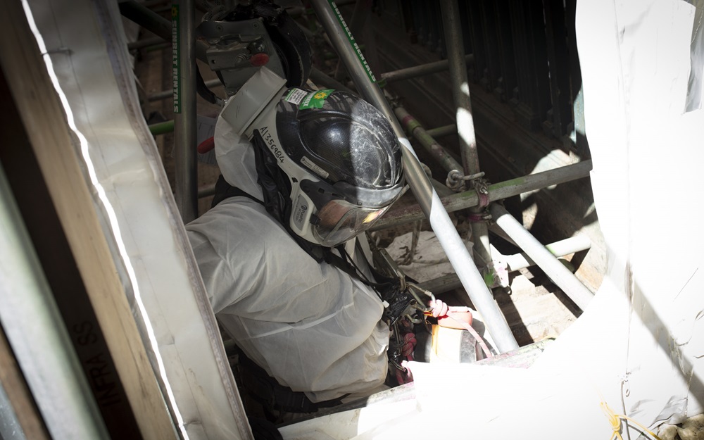 Confined space entry shown by one of the operatives on site where rope access has to be used to enter the bridge deck void safely.